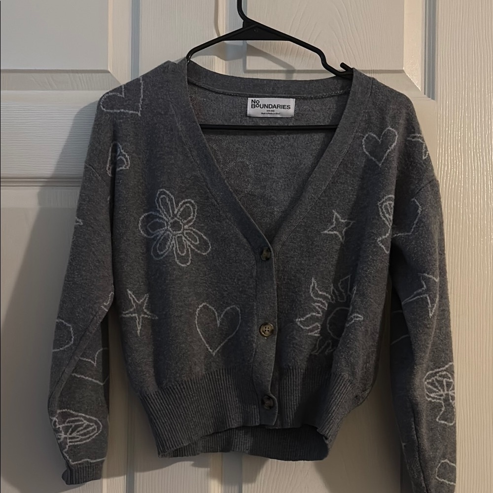 No Boundaries Gray Cardigan Sweater with Floral Design